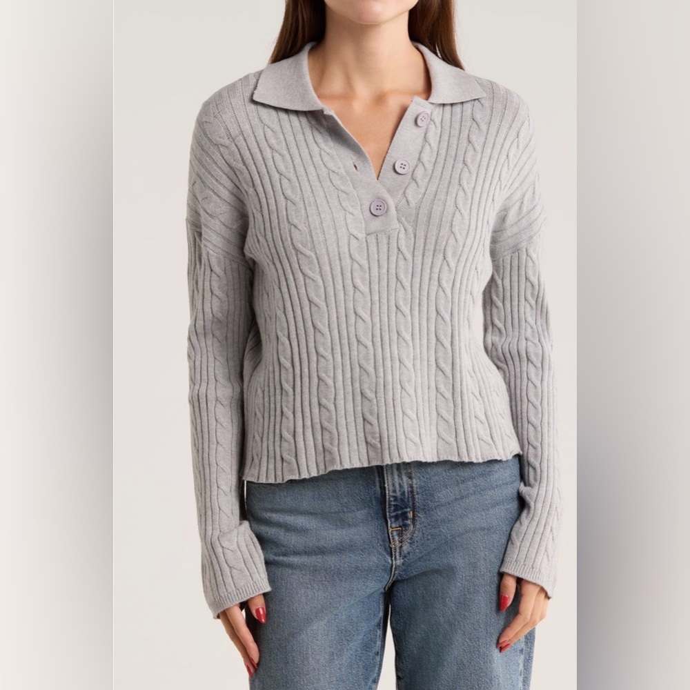 RDI Light Gray Cable Knit Crop Polo Sweater Size XS NWT